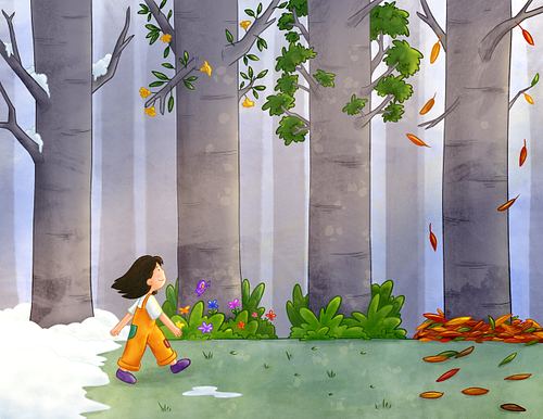 A girl walking along a forest with a row of trees that look winter, spring, summer, and fall.