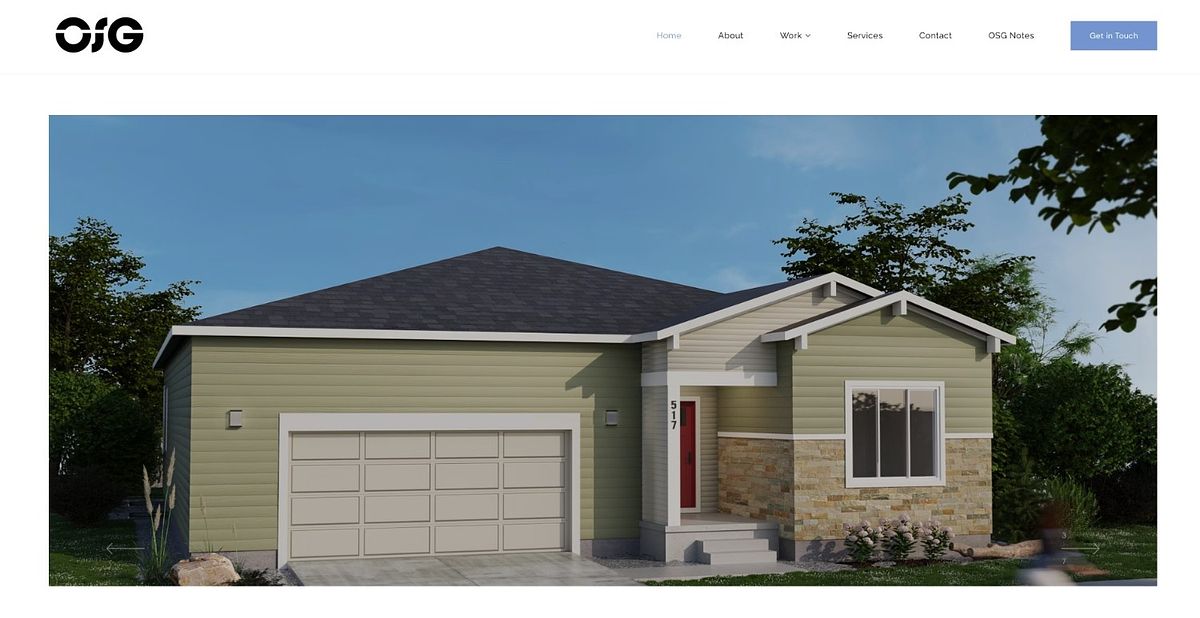 OSG Studio architecture portfolio homepage with a full-width render slideshow