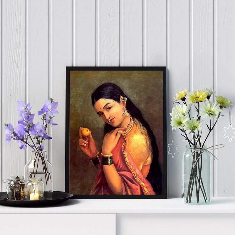Woman with a Fruit – A Timeless Portrait of Grace and Contemplation by Raja Ravi Verma