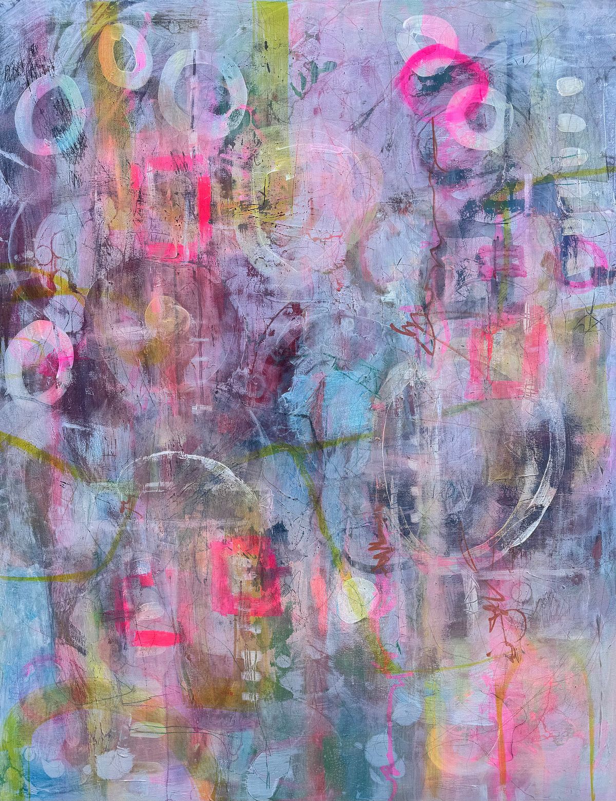 Abstraktes Acrylgemälde in Neonpink, Gelbgrün und Lavendel mit schwebenden Kreisen und Rechtecken, inspiriert von der Hippiebewegung, Friedenshoffnung, 120×100 cm,Sylvie Gasser, Abstract acrylic painting in neon pink, acid yellow and lavender with floating circles and rectangles, inspired by the hippie movement and the hope for peace, 120×100 cm