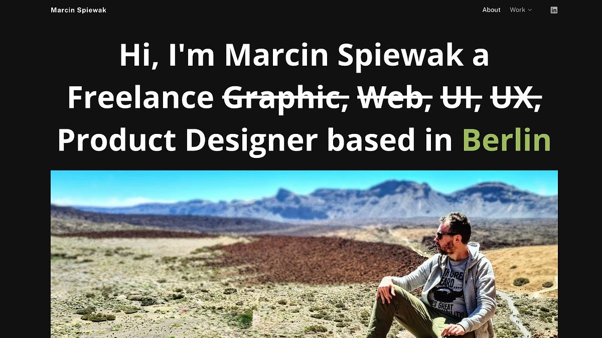 Marcin Spiewak product designer portfolio homepage, strikethrough hero