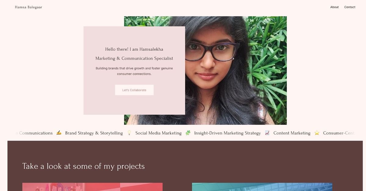 Hamsa Balegaar content and marketing portfolio website homepage