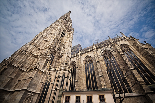 Architekturfotografie des Wiener Stephansdoms aus extremer Froschperspektive mit einem Ultra-Weitwinkelobjektiv unter bewölktem blauem Himmel.