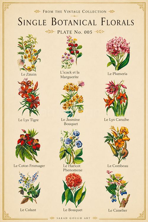 Vintage‑style botanical poster featuring twelve delicate watercolour illustrations of individual flowers, each labelled and arranged in neat rows on an aged cream background.