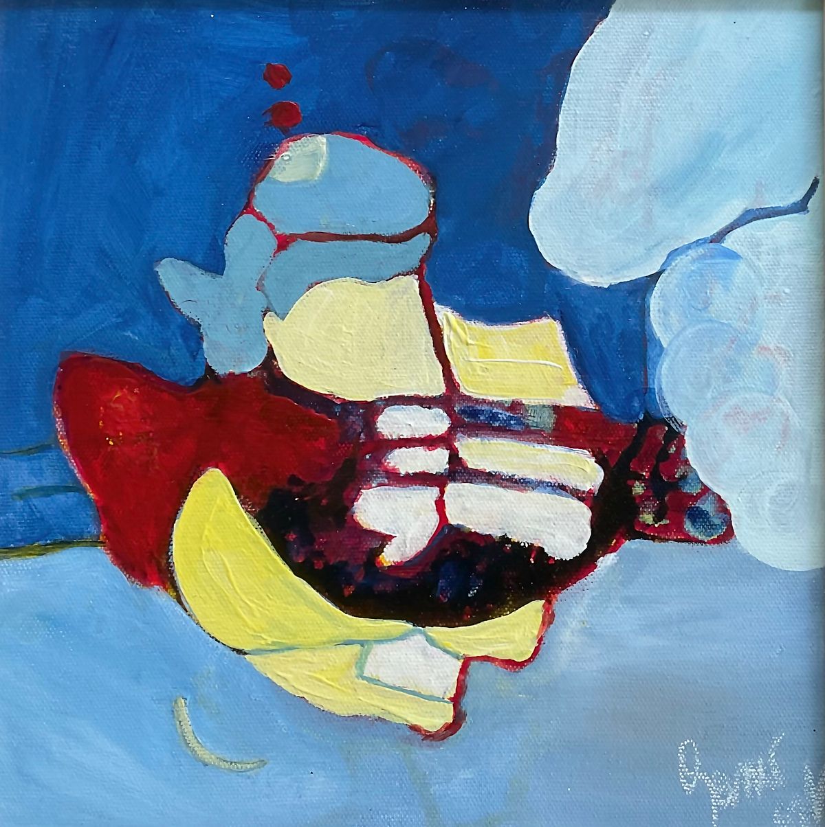 Abstrakte Acrylmalerei Serie "Funny Times", vier Bilder 30x30 cm, Blau Gelb Rot, verspielt energiegeladen, Sylvie Gasser , Abstract acrylic painting series "Funny Times", four paintings 30x30 cm, blue yellow red, playful energetic, Sylvie Gasser
