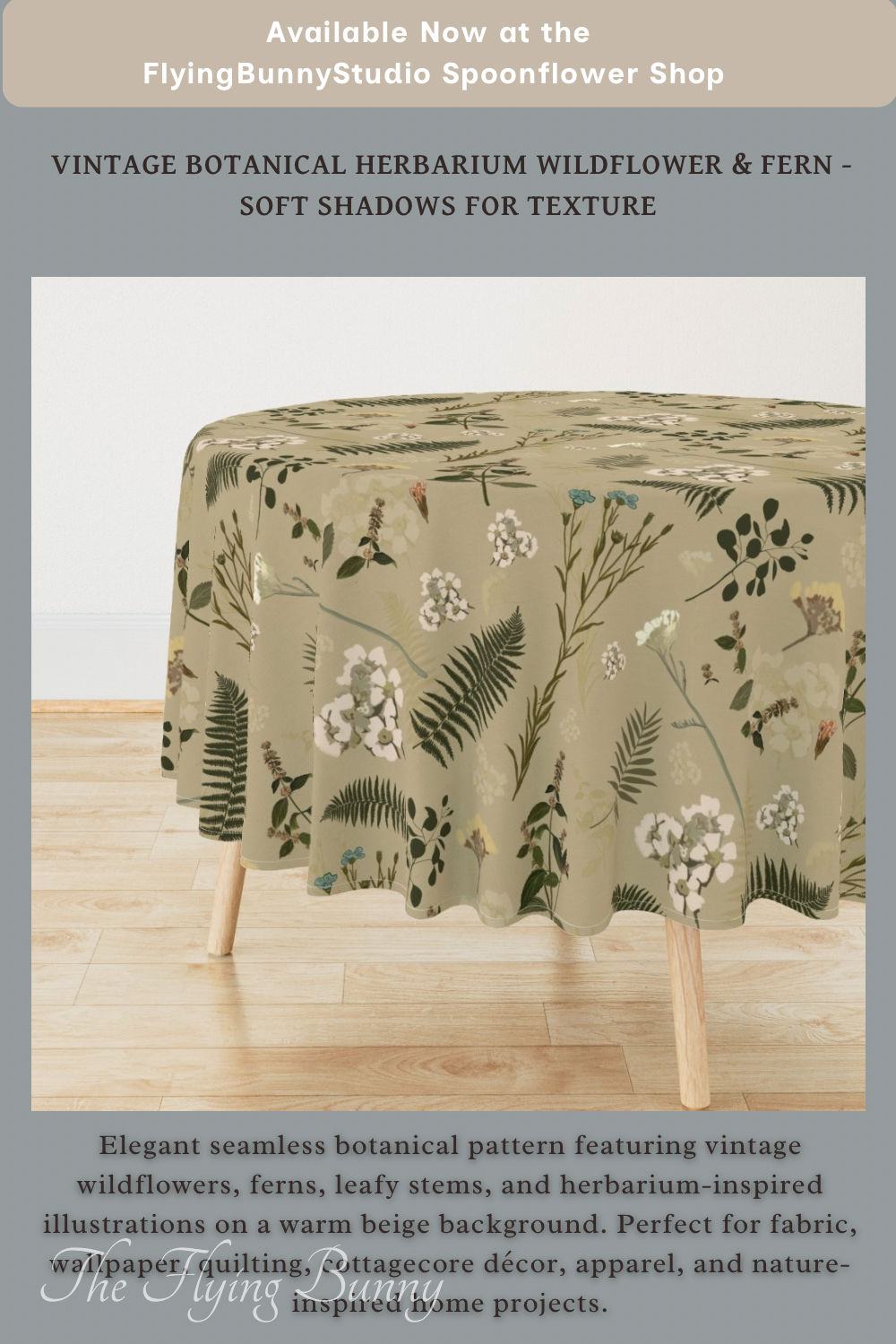 Vintage-inspired botanical wildflower and fern repeating pattern in soft sage green and cream shown on a tablecloth.