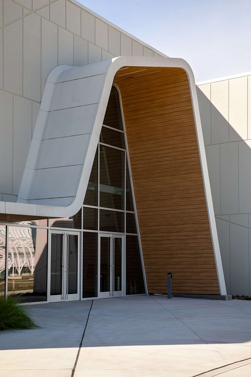 Detailed architectural photography of the Student Development Center at Florida Polytechnic University in Lakeland, showcasing modern geometric lines and contemporary campus design.