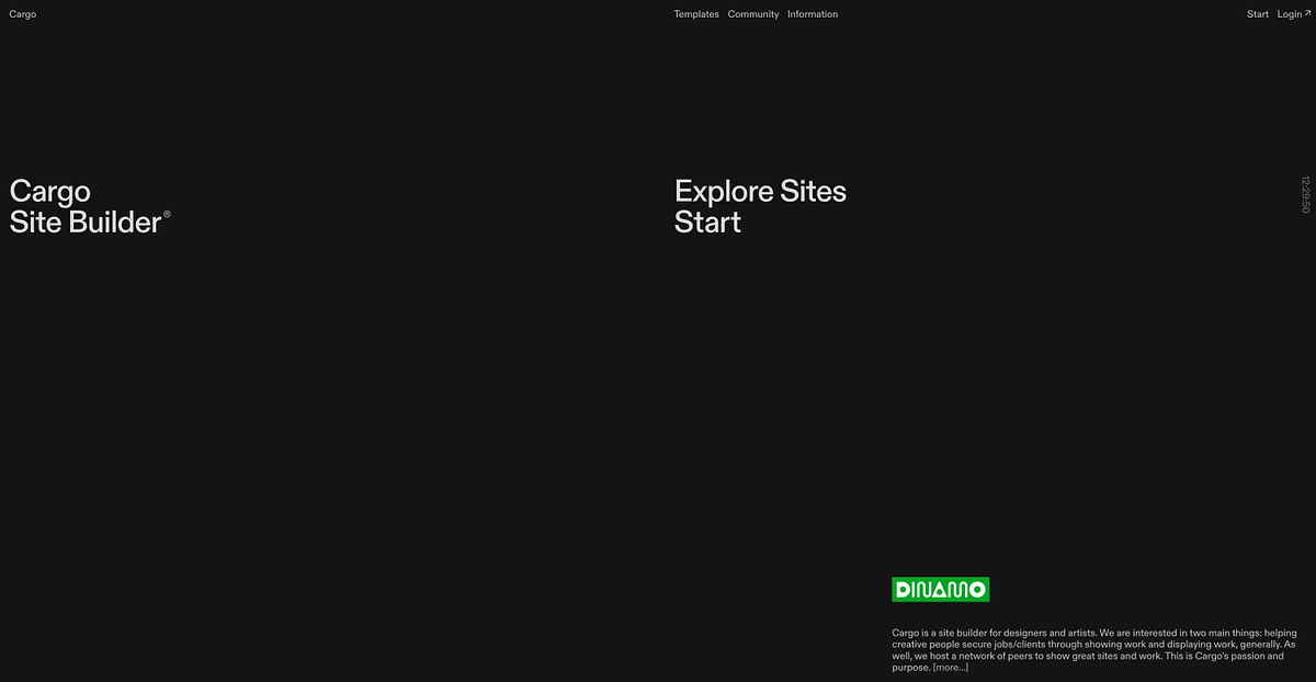 Cargo homepage showing its editorial, typography-led portfolio builder