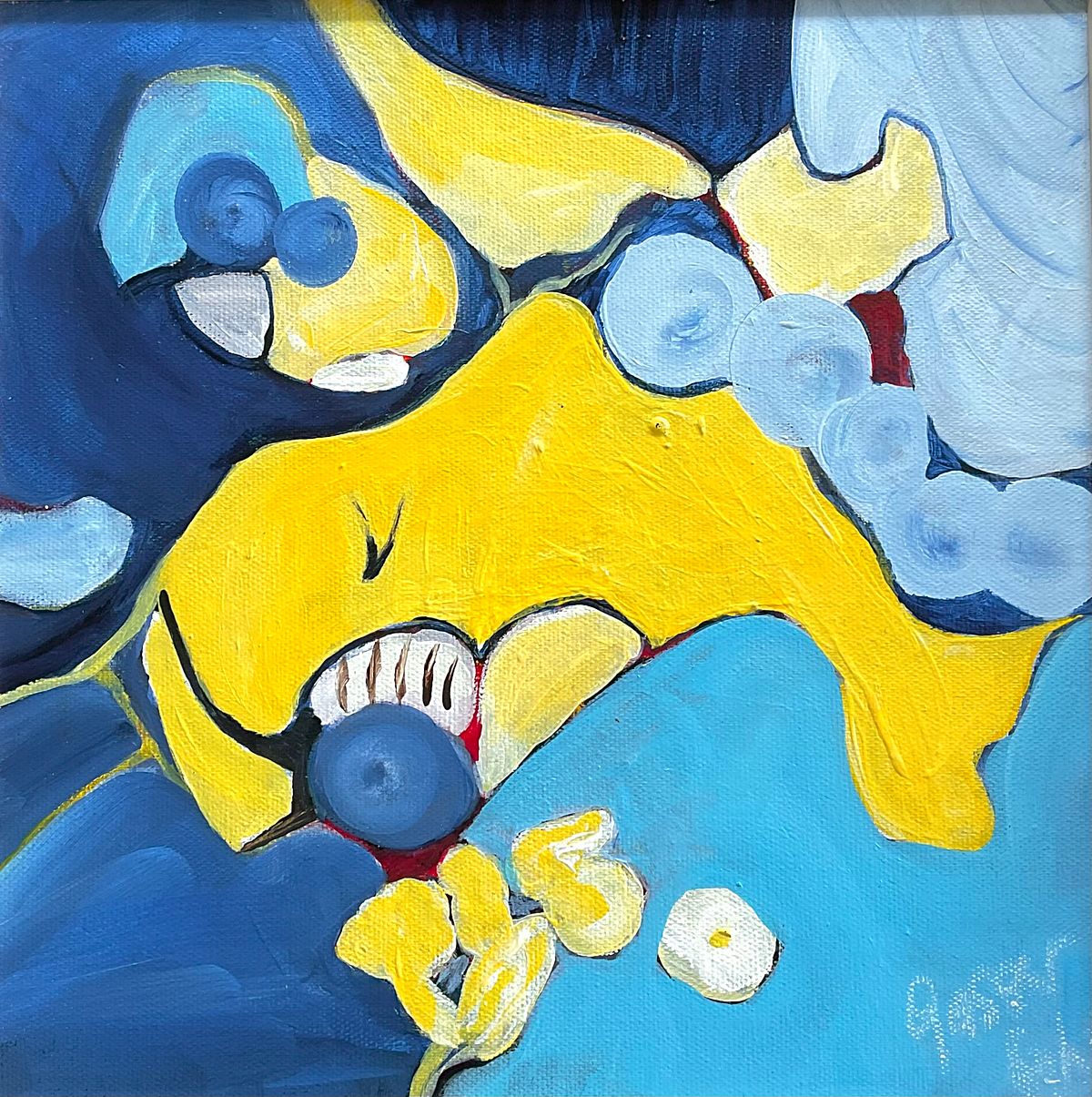 Abstrakte Acrylmalerei Serie "Funny Times", vier Bilder 30x30 cm, Blau Gelb Rot, verspielt energiegeladen, Sylvie Gasser , Abstract acrylic painting series "Funny Times", four paintings 30x30 cm, blue yellow red, playful energetic, Sylvie Gasser