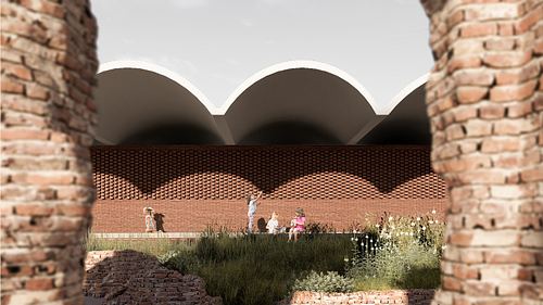 the texture and materiality of the pavilion facing the ruins