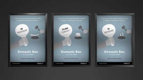 Three participation posters on dull blue backgrounds, each showing a hand holding an auction paddle with a campaign statistic, a smaller auction-themed metaphor in the distance, and the campaign name, tagline, and footer below.