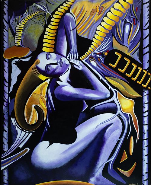 L'Étoile par Patrice Goubeau — figure féminine violette et dorée parmi des structures organiques
