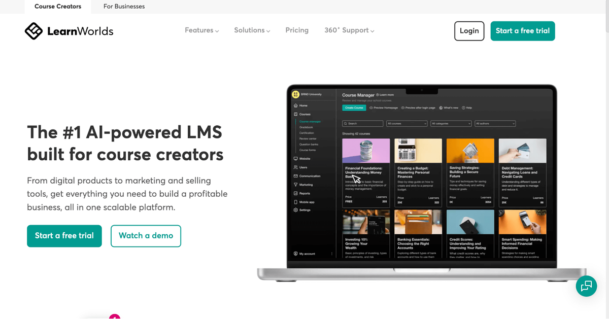 Screenshot of LearnWorld's homepage