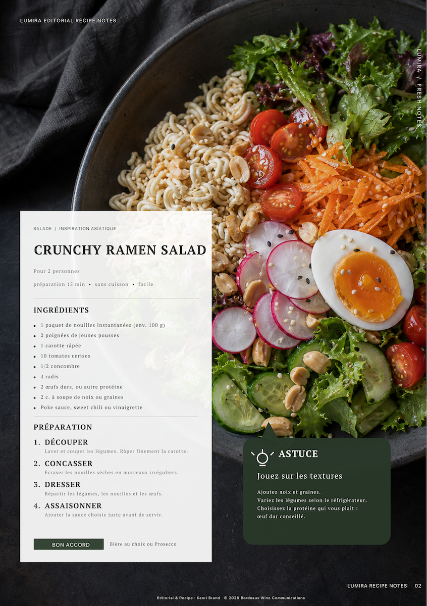 Crunchy ramen salad with fresh vegetables and soft-boiled egg served for a relaxed summer brunch.