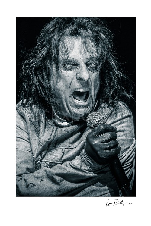 Vertical black and white image of Alice Cooper performing live on stage with intense horror makeup, wild hair, and a microphone held in a black glove