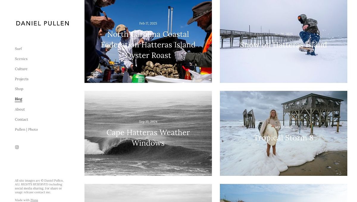 Daniel Pullen blog design with a left category sidebar and titles overlaid on image cards