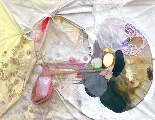 “Behind that outside pattern,  2016,  Acrylic, collage, baby blanket, crochet, tulle, and bed sheet, 48”x36”