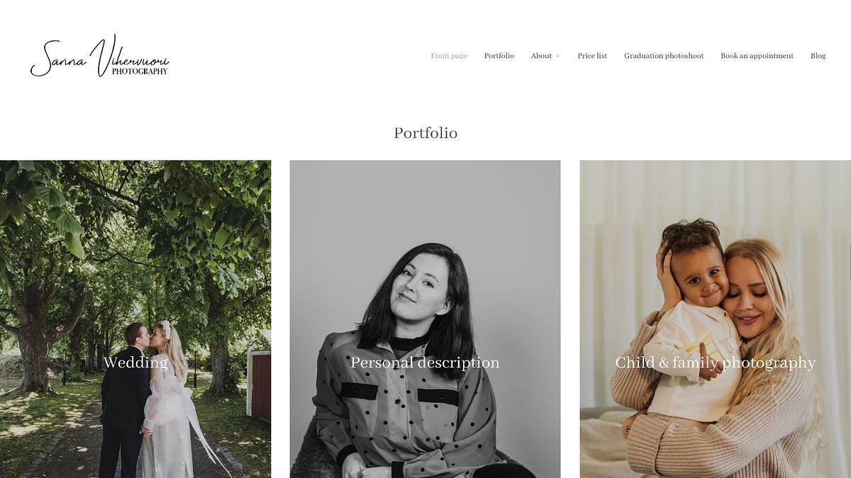Homepage screenshot of Sanna Vihervuori photography portfolio website