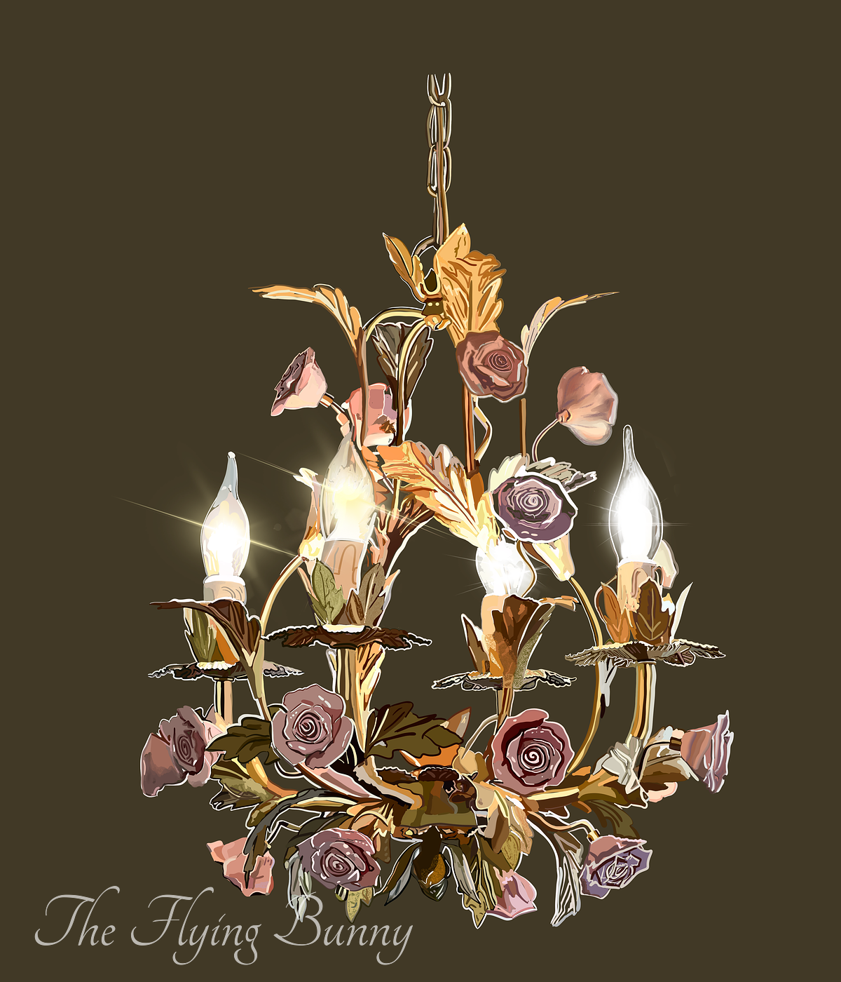 Ornate floral chandelier with glowing candle-style lights, sculptural gold leaves, and muted roses on a  moss green background.