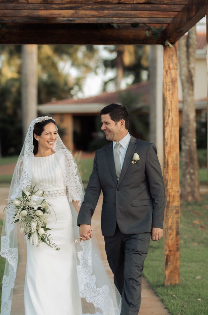 Newlyweds walking together outdoors