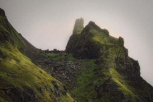 Mountains, ridge, hike, adventure, nature, landscape, Quiraing, Highlands, Isle of Skye, Scotland, fog, sky, clouds, travel, United Kingdom, UK, Prison, Prisoner, Storr, rock, cliffs,