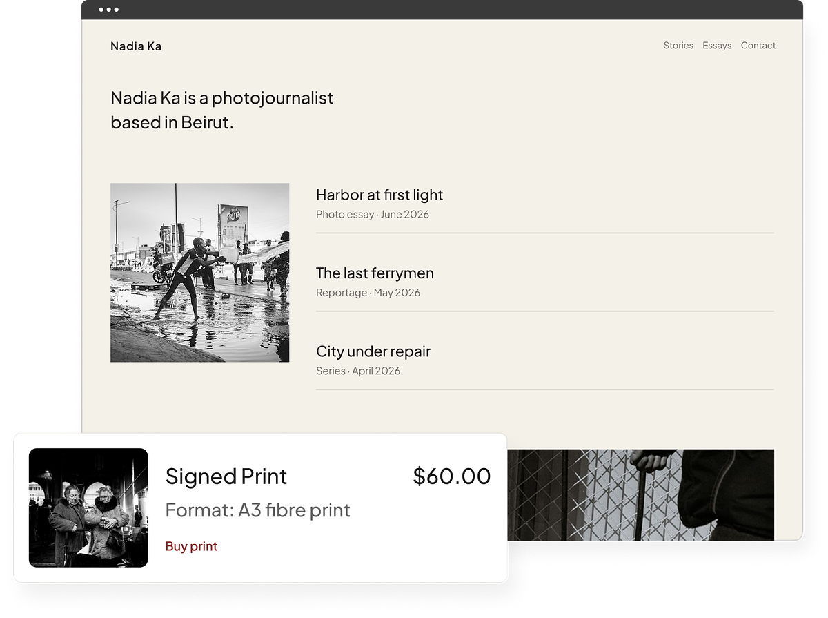 Een portfolio voor fotojournalistiek met een webwinkel, klantengalerijen en een blog.