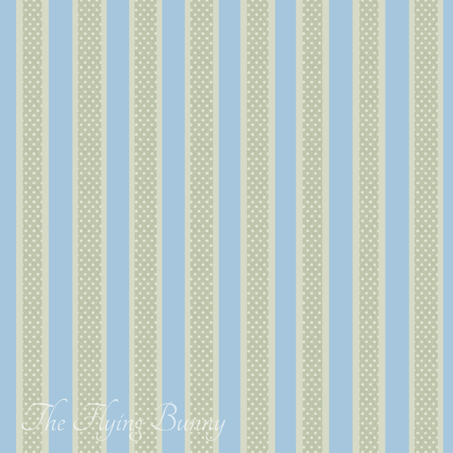 Soft blue and sage green vertical stripes accented with narrow white polka dot bands and creamy highlights in a soft vintage-inspired repeating pattern.