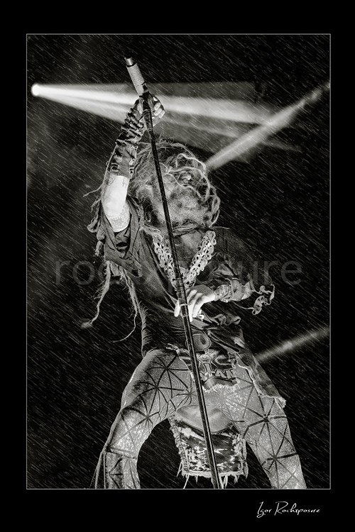 Vertical black and white image of Rob Zombie performing live on stage with raised microphone stand, flying dreadlocks, streaking rain, and dramatic backlighting