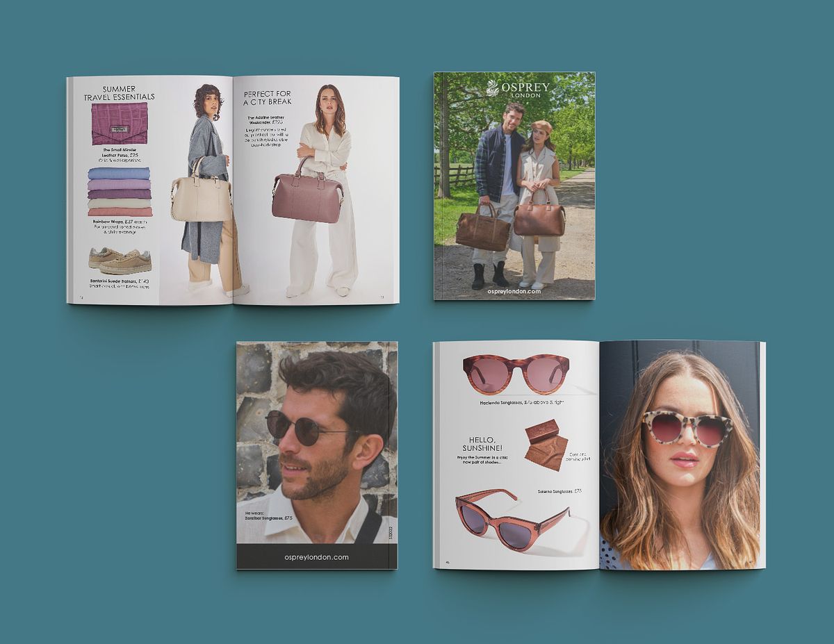 Leather accessories catalogue showing bags and sunglasses
