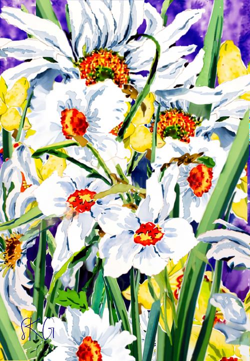 ibrant watercolour poster print featuring white jonquils and daisies with rich contrasting tones and detailed floral elements