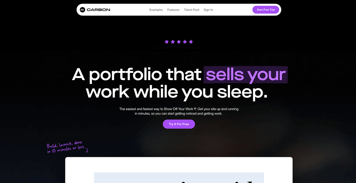 Carbonmade homepage showing the simple portfolio builder for designers and illustrators