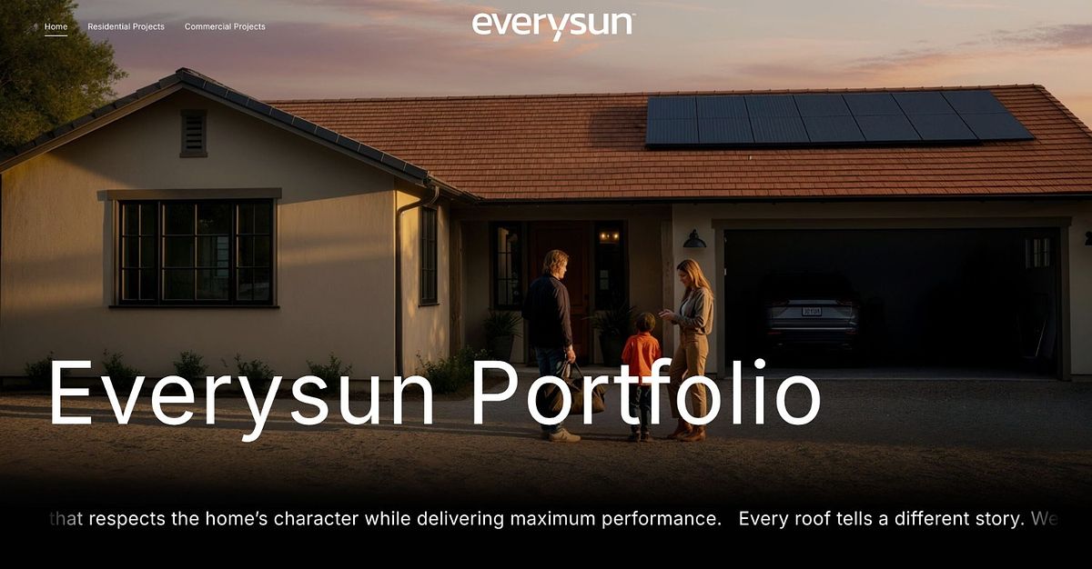 Everysun homepage showing a family outside a home with a solar roof at dusk