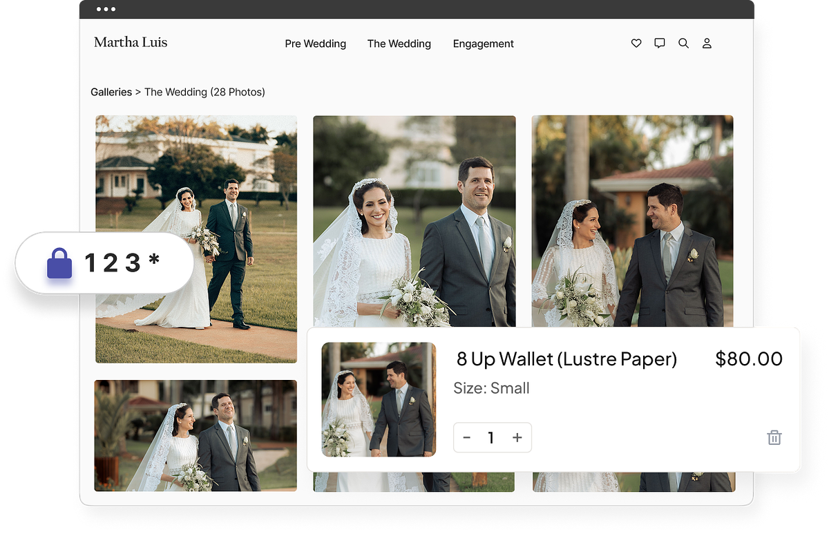 A password-protected client gallery where a print is added to the cart