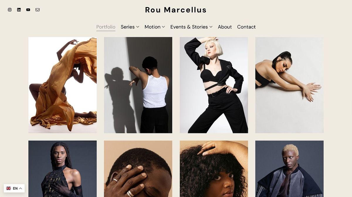Rou Marcellus's modeling portfolio, masonry grid with Series and Motion navigation