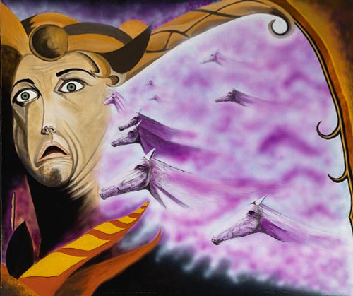 Peinture surréaliste Labyrinthe de la peur par Patrice Goubeau — visage masculin dans un décor onirique