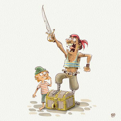 illustratie in aquarelle van stoere zeerover en een schakist. Naast hem staat een kleine jonge lachend naar hem te staren