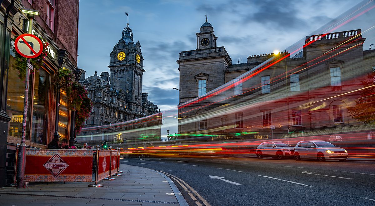 Double-Decker Bus Light Trails at Twilight in Edinburgh