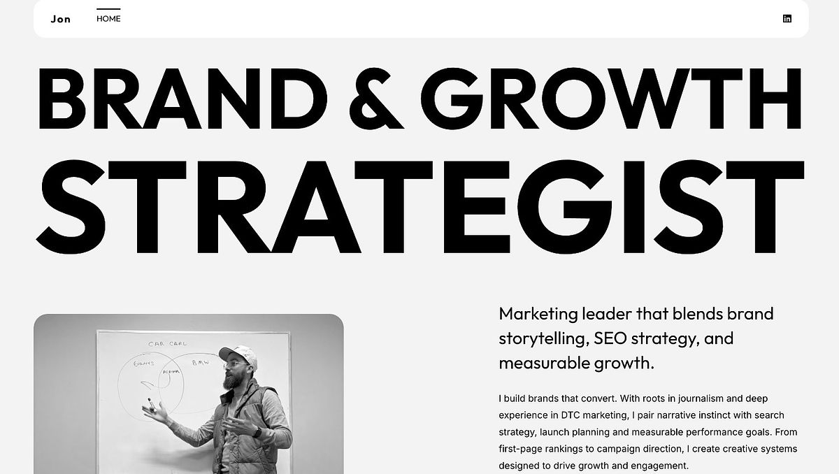 Jon Kirschner's one-page website, with 'Brand & Growth Strategist' set in oversized black type on an off-white hero