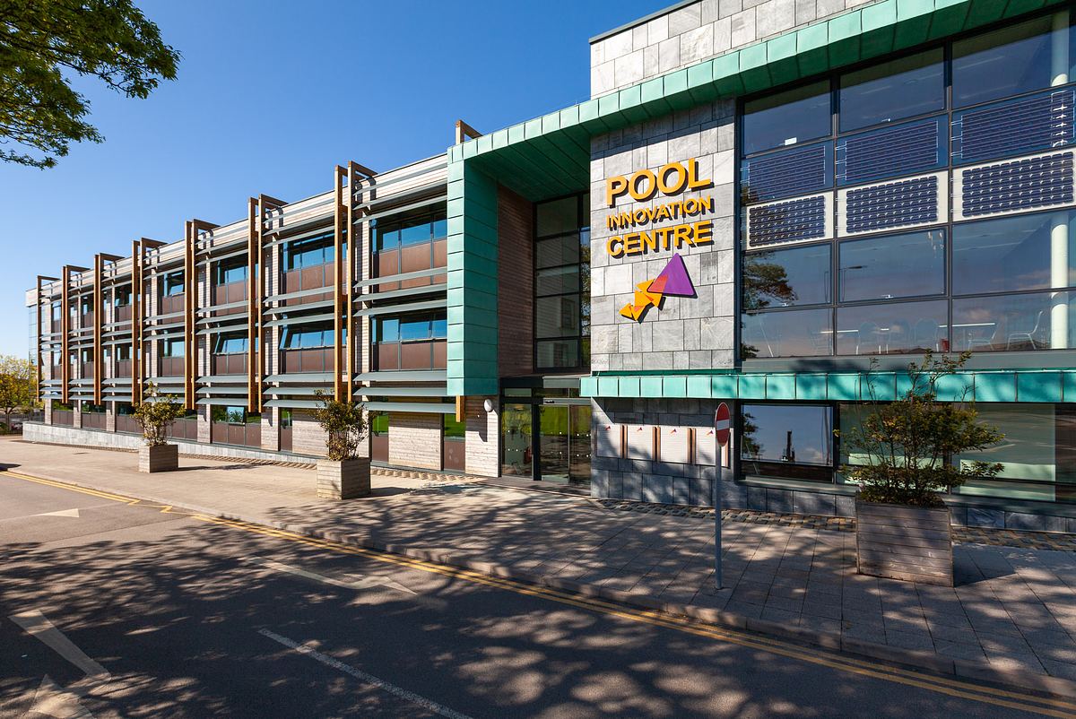 Architectural photograph of Pool Innovation Centre Cornwall showing modern façade and signage.