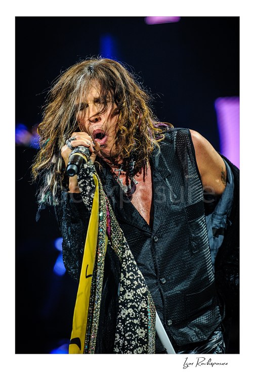Vertical color image of Steven Tyler of Aerosmith performing live on stage with a handheld microphone, scarf-wrapped mic stand, and tousled hair