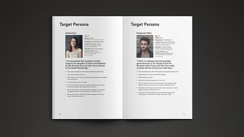 Double-page spread of the proposal publication showing one detailed campaign target persona on the left page and another on the right.
