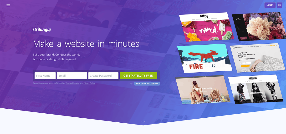 Strikingly homepage showing the one-page-first website builder with multi-page Pro plan support