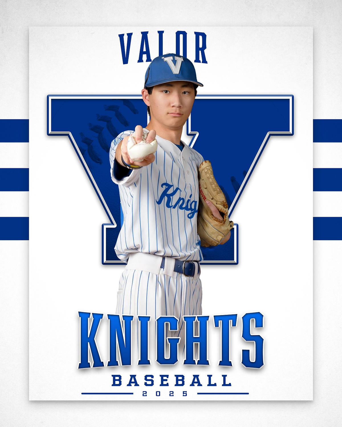 A high school baseball player for the Valor Knights, wearing a white and blue pinstripe uniform and blue cap, extending a baseball forward, seemingly crushing it with his fingers, while wearing a tan glove on his other hand. The composite image features a large blue 'V' and text that reads 'VALOR KNIGHTS BASEBALL 2025' | ProClicks Photography