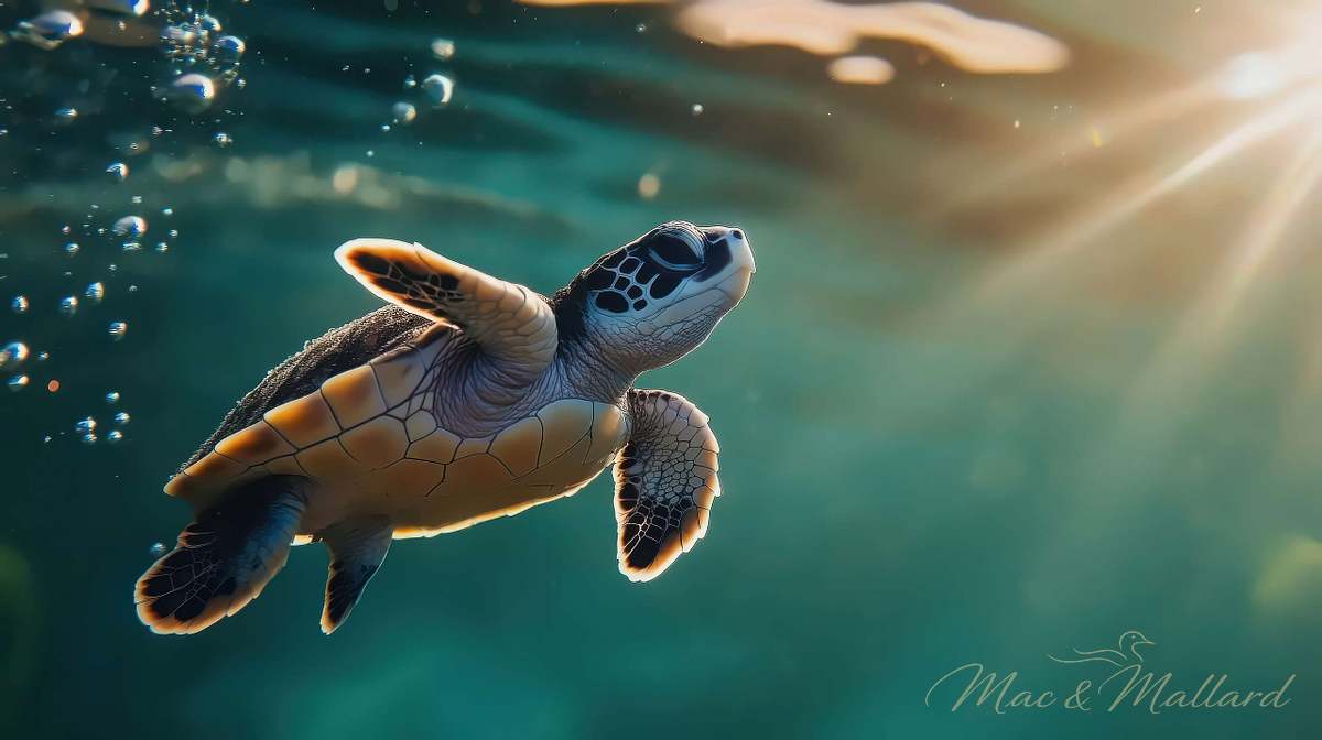 Sea turtle fine art metal print swimming in clear tropical waters - premium aluminum wall art by Mac & Mallard