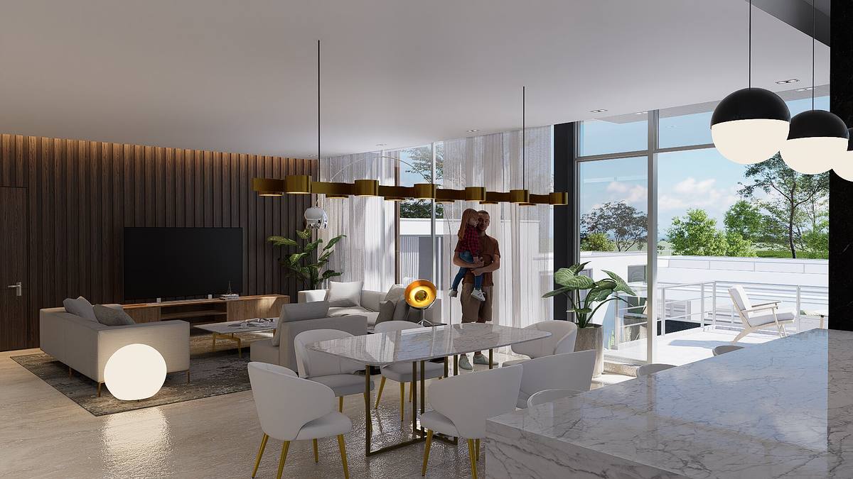 render interior casa patio central luz natural arquitectura interior lujo