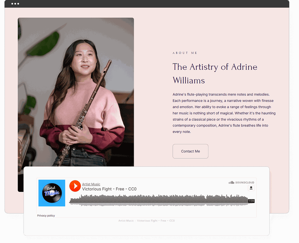 Osadzone utwory muzyczne i odtwarzacz SoundCloud na stronie internetowej muzyka zbudowanej na Pixpa