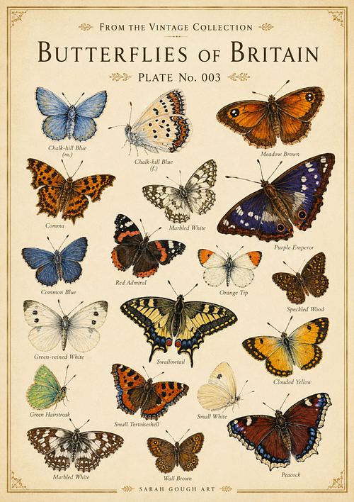Hand painted selection of the Butterflies of Britain Vintage-style illustrated chart showing British butterfly species, including Holly Blue, Red Admiral, Peacock, arranged neatly with names and numbers.