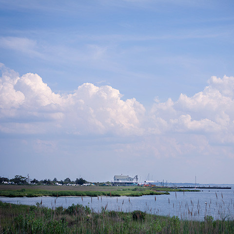 rehoboth bay in delaware, wide angle shot with big cumulus clouds