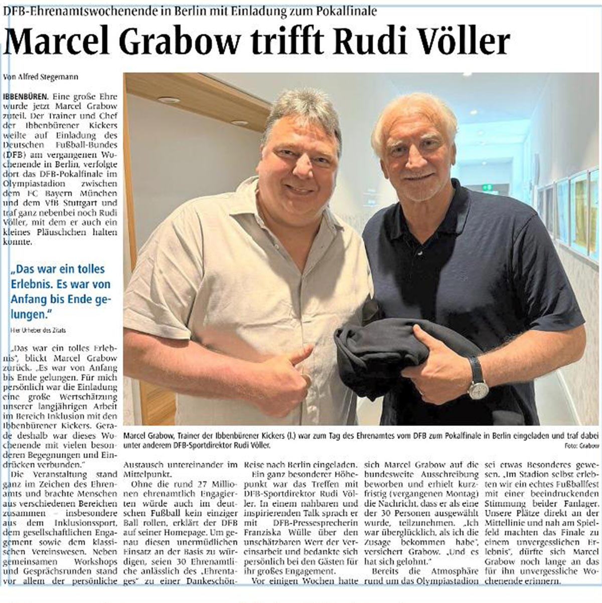 Original Zeitungsartikel der IVZ über das Treffen von Marcel Grabow mit Rudi Völler