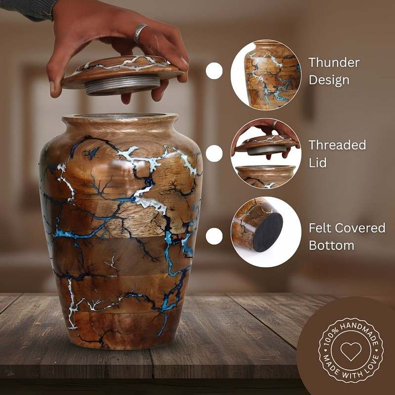 Thunder Strikes Design Wooden Urn for Ashes – Natural Handmade